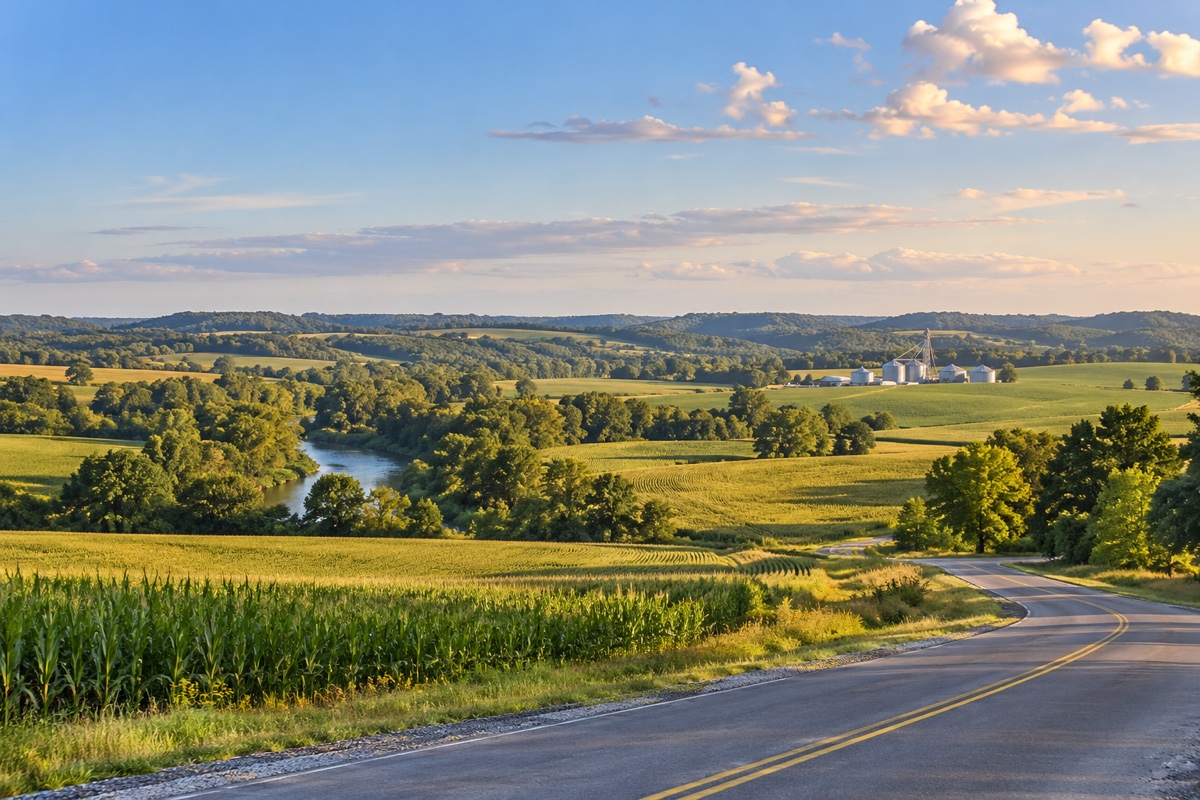 Kentucky farm fields and a county highway in the central western part of the state