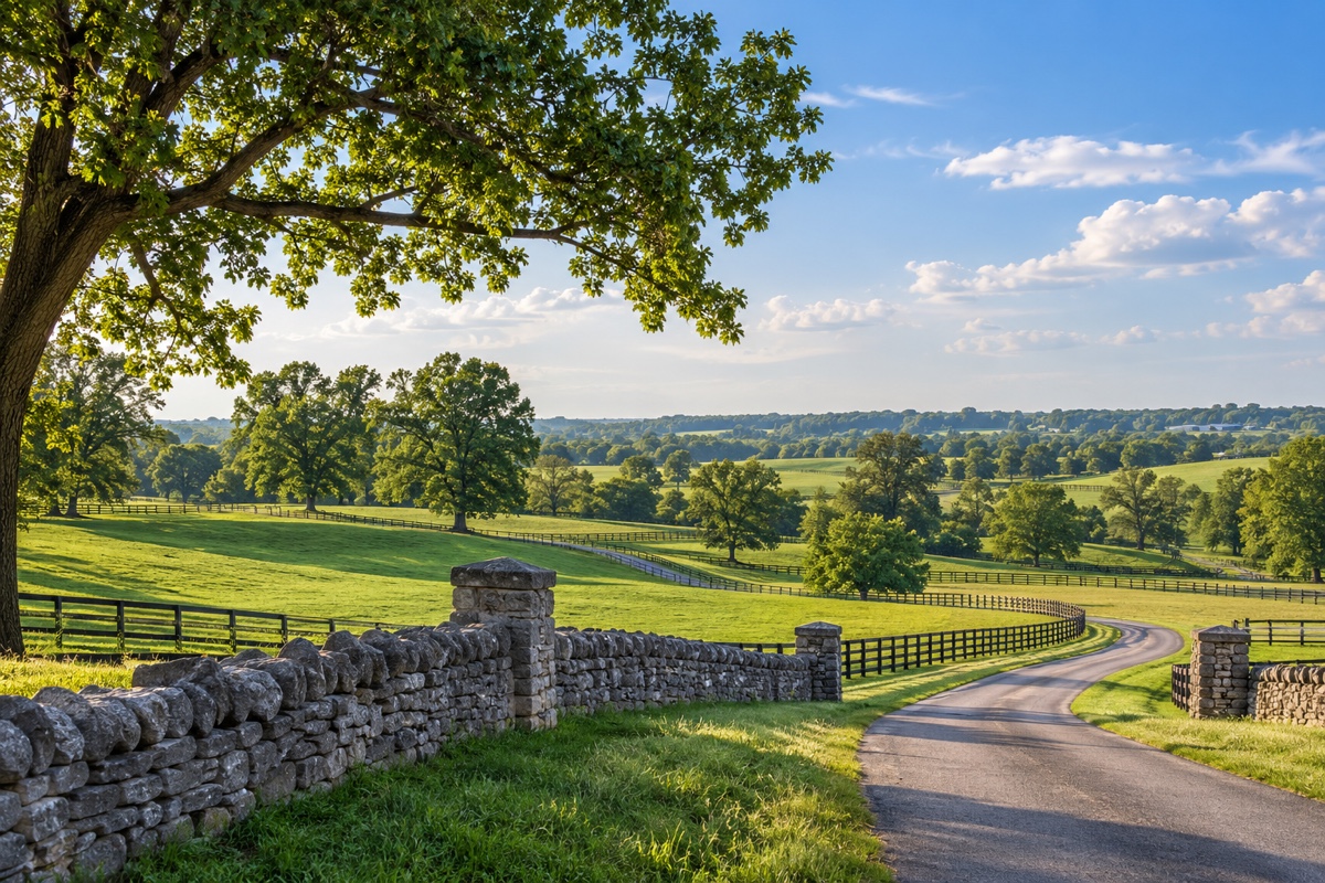 Bluegrass pasture and a limestone fence near Lexington under a clear sky