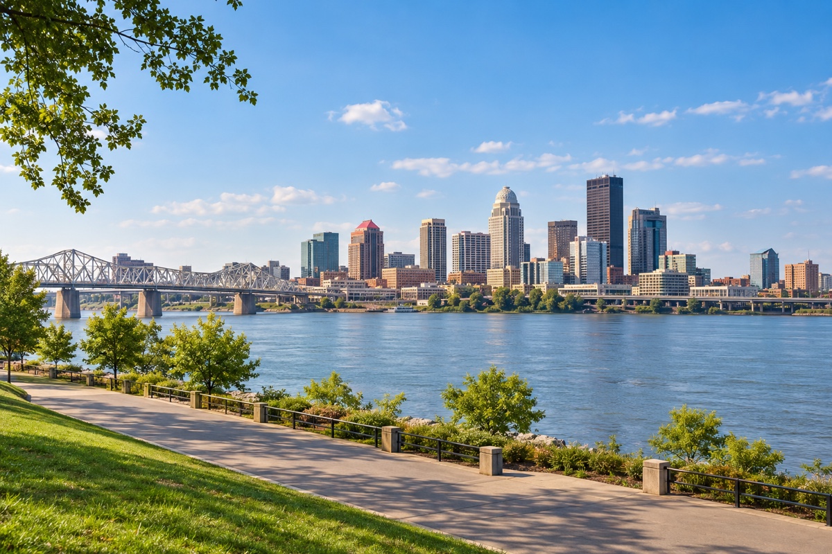 Louisville skyline and the Ohio River beyond a paved urban approach