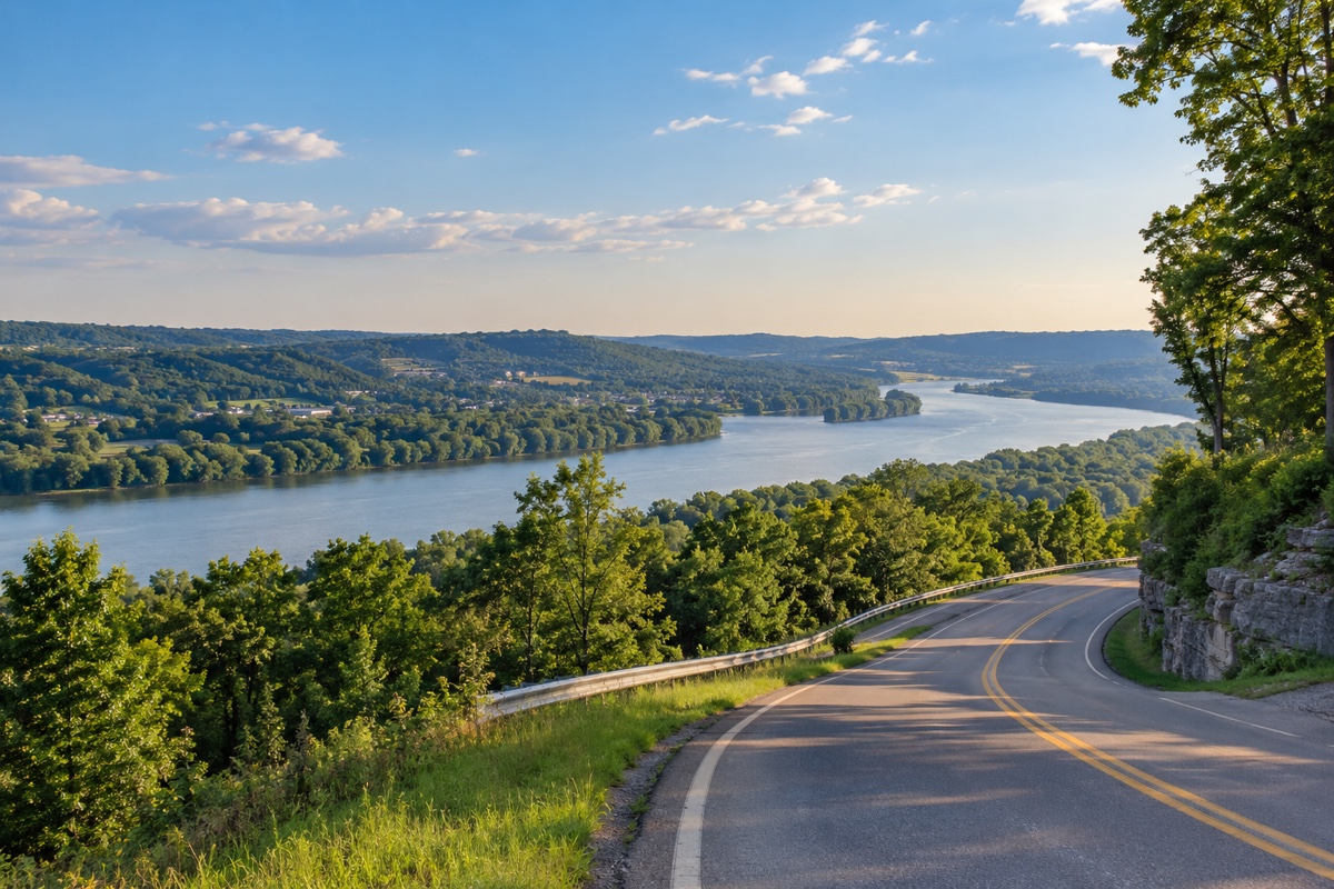 Northern Kentucky river hills and a residential approach outside Covington